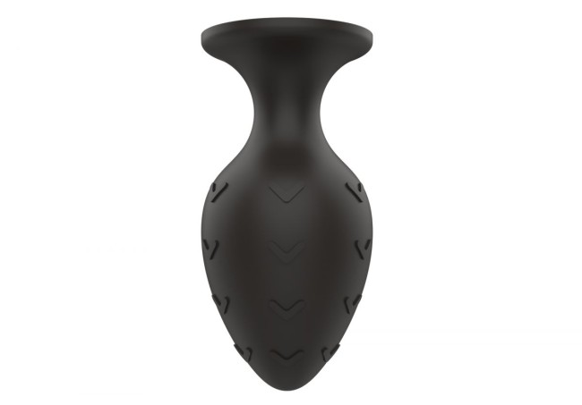 Черная средняя силиконовая анальная пробка с рельефом в виде галочек Черная средняя силиконовая анальная пробка с рельефом в виде галочек