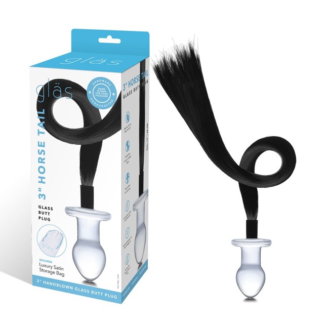 Стеклянная анальная пробка с черным конским хвостом Стеклянная анальная пробка с черным конским хвостом