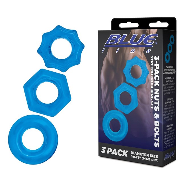 Комплект из трех голубых колец для эрекции 3-Pack Nuts Bolts Stretch Cock Ring Set Комплект из трех голубых колец для эрекции 3-Pack Nuts Bolts Stretch Cock Ring Set