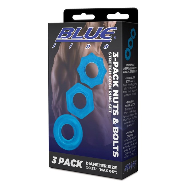 Комплект из трех голубых колец для эрекции 3-Pack Nuts Bolts Stretch Cock Ring Set Комплект из трех голубых колец для эрекции 3-Pack Nuts Bolts Stretch Cock Ring Set