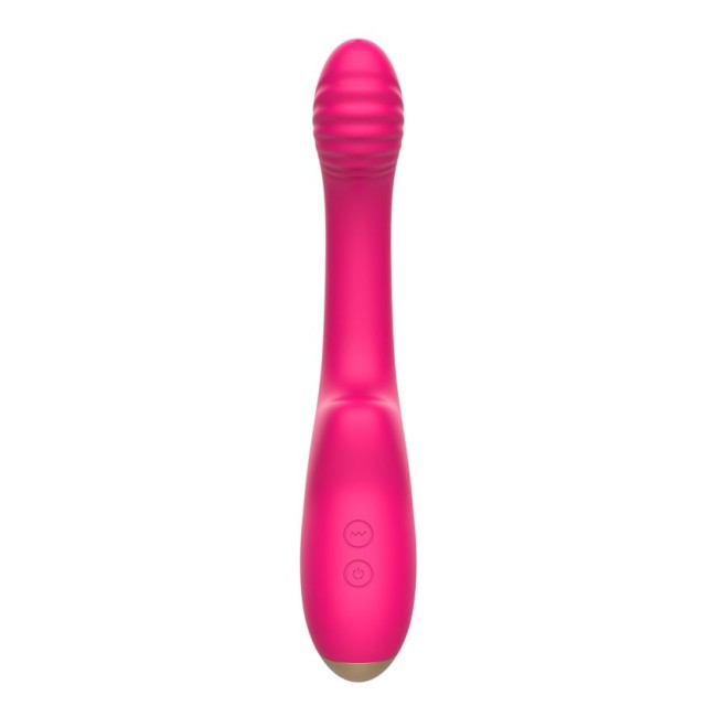 Розовый изогнутый ребристый вибромассажер - 21 см.