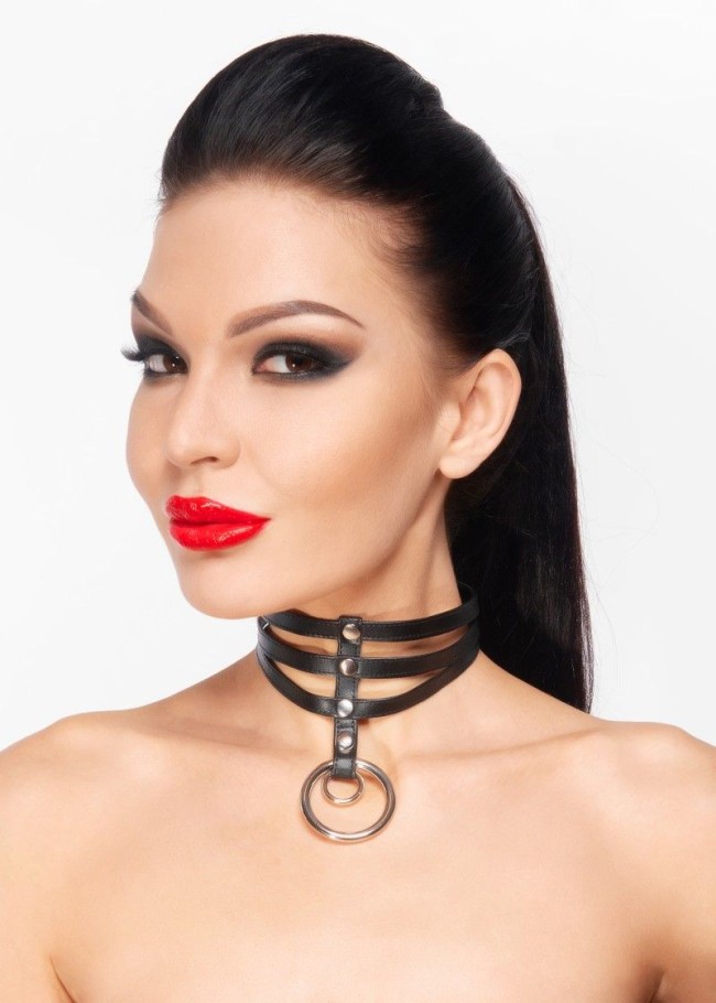 Длинный черный чокер из экокожи с двумя кольцами Длинный черный чокер из экокожи с двумя кольцами