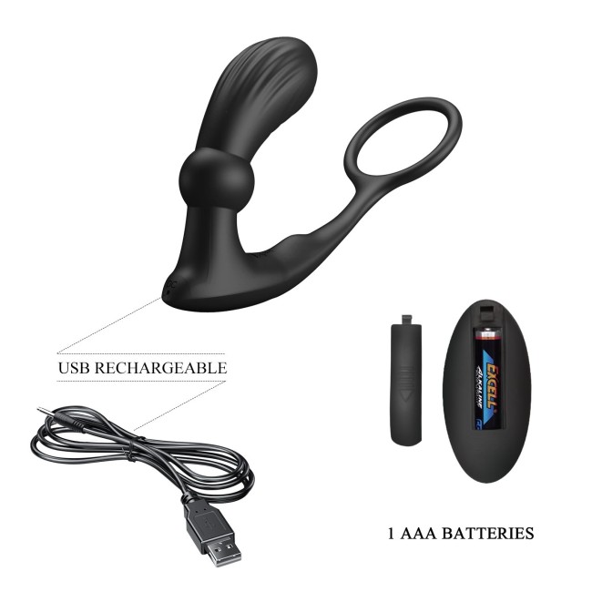 Черный вибростимулятор простаты Warren с эрекционным кольцом Черный вибростимулятор простаты Warren с эрекционным кольцом