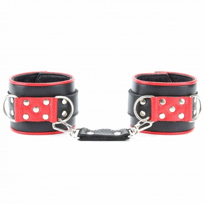 Широкие черные наручники с красным декором Широкие черные наручники с красным декором