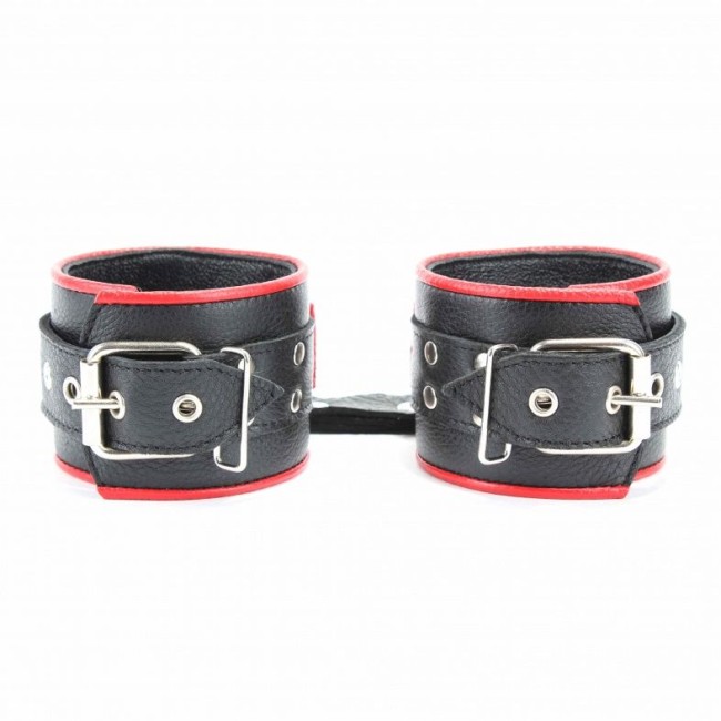 Широкие черные наручники с красным декором Широкие черные наручники с красным декором