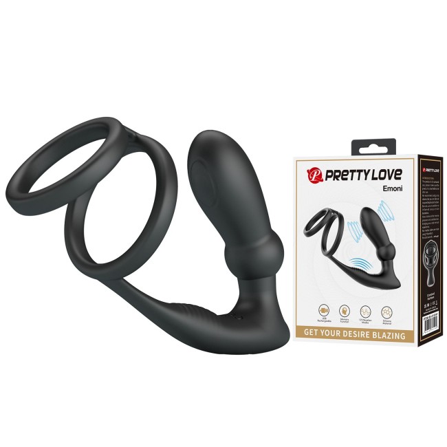 Черный анальный стимулятор простаты с вибрацией и эрекционными кольцами Emoni Черный анальный стимулятор простаты с вибрацией и эрекционными кольцами Emoni